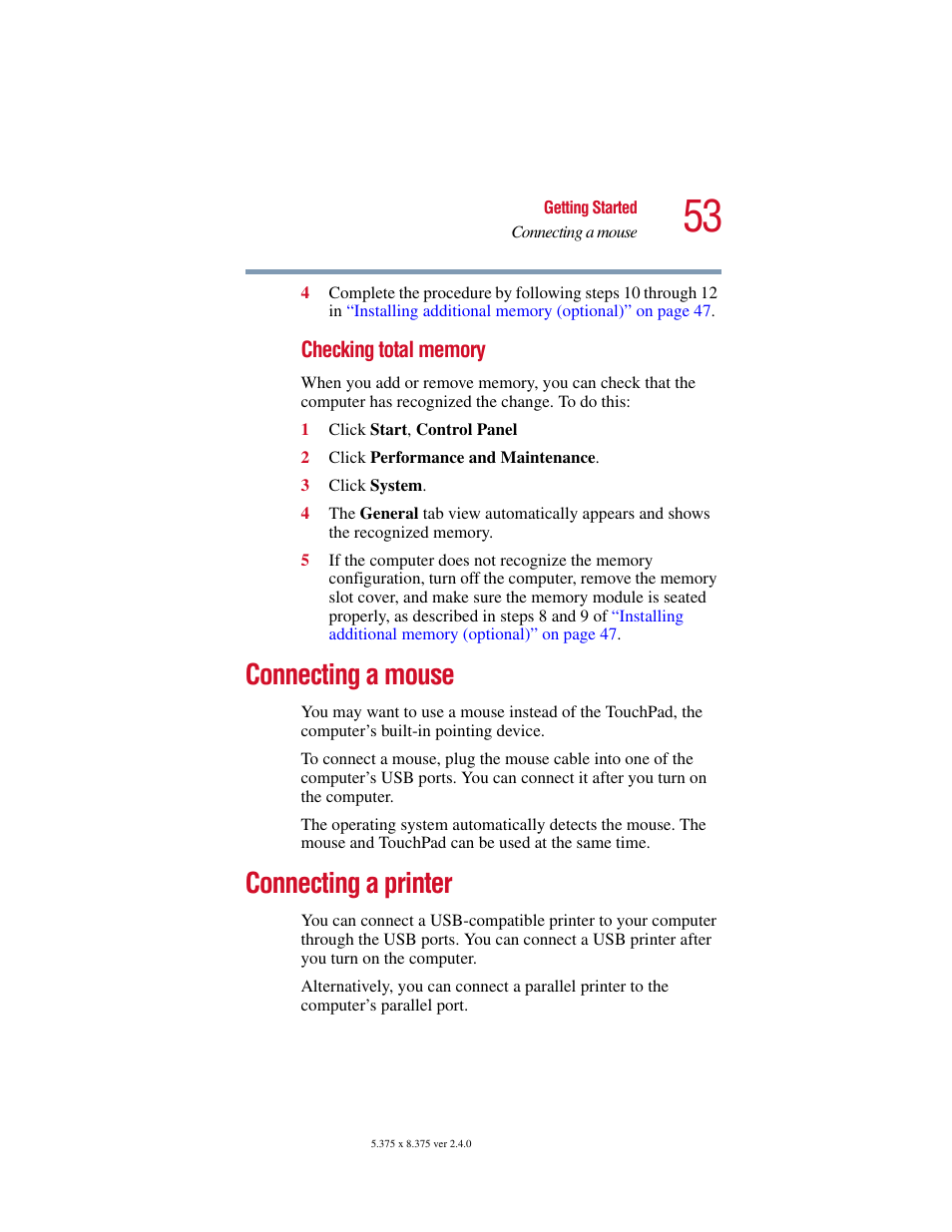 Connecting a mouse, Connecting a printer, Connecting a mouse connecting a printer | Connect a local printer (see, Connecting a printer” on | Toshiba 2400 User Manual | Page 53 / 300