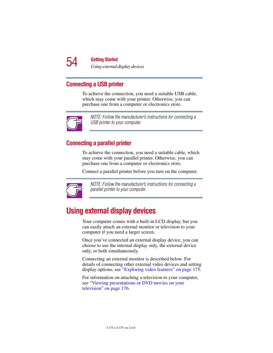 Connecting a usb printer, Connecting a parallel printer, Using external display devices | Using external display | Toshiba 2400 User Manual | Page 54 / 300