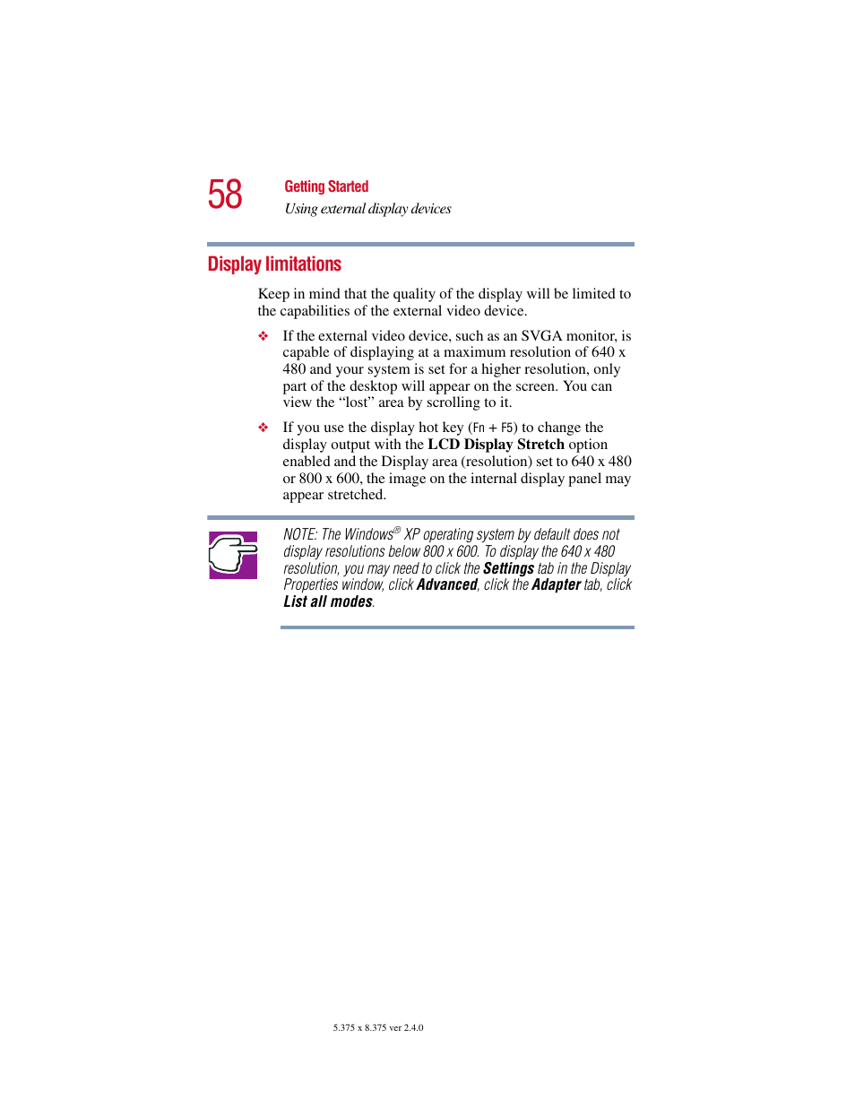 Display limitations | Toshiba 2400 User Manual | Page 58 / 300