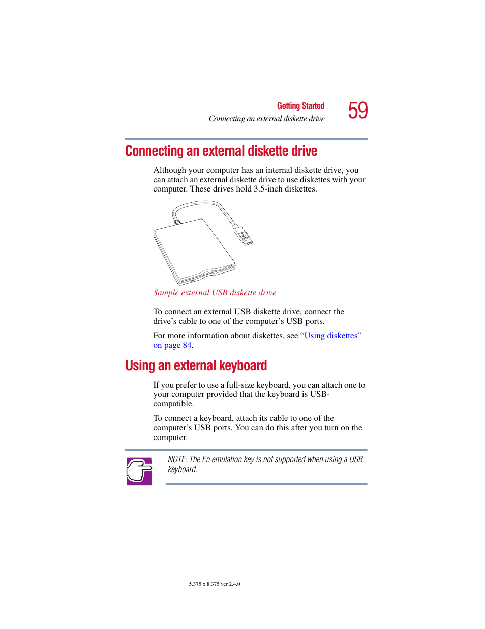 Connecting an external diskette drive, Using an external keyboard, Using an external | Toshiba 2400 User Manual | Page 59 / 300