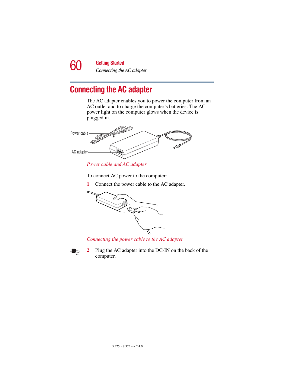 Connecting the ac adapter | Toshiba 2400 User Manual | Page 60 / 300