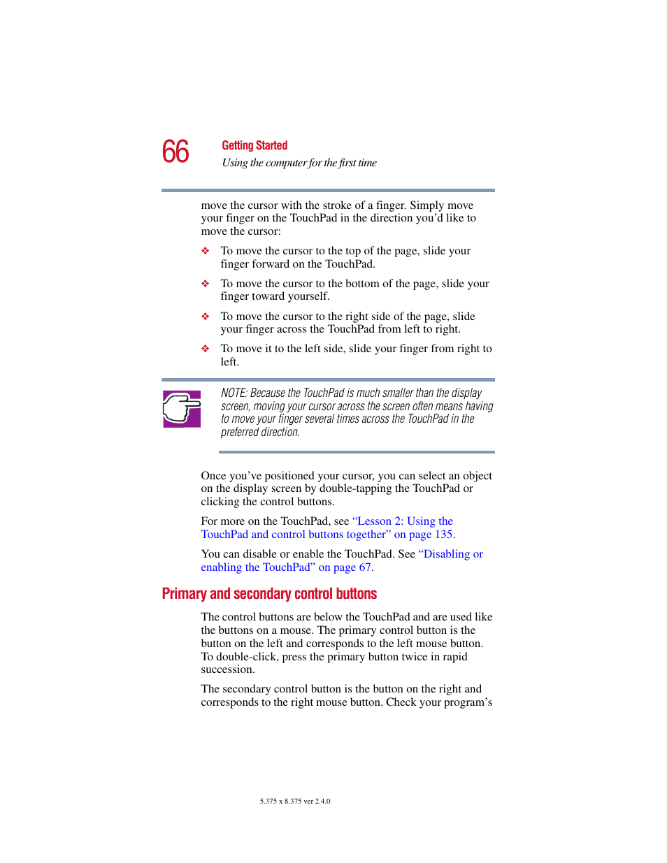 Primary and secondary control buttons | Toshiba 2400 User Manual | Page 66 / 300