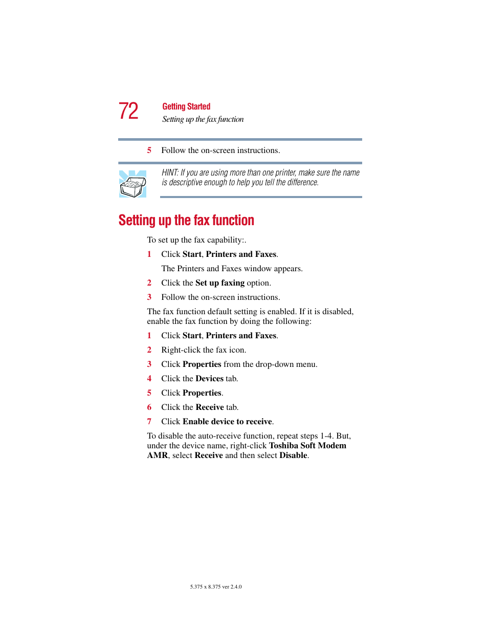 Setting up the fax function | Toshiba 2400 User Manual | Page 72 / 300