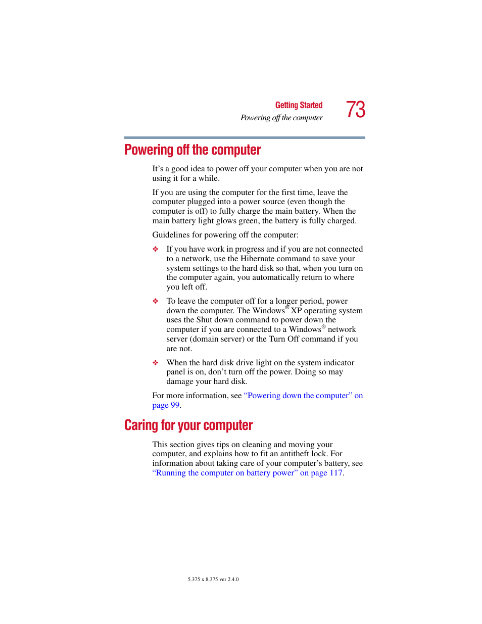 Powering off the computer, Caring for your computer | Toshiba 2400 User Manual | Page 73 / 300