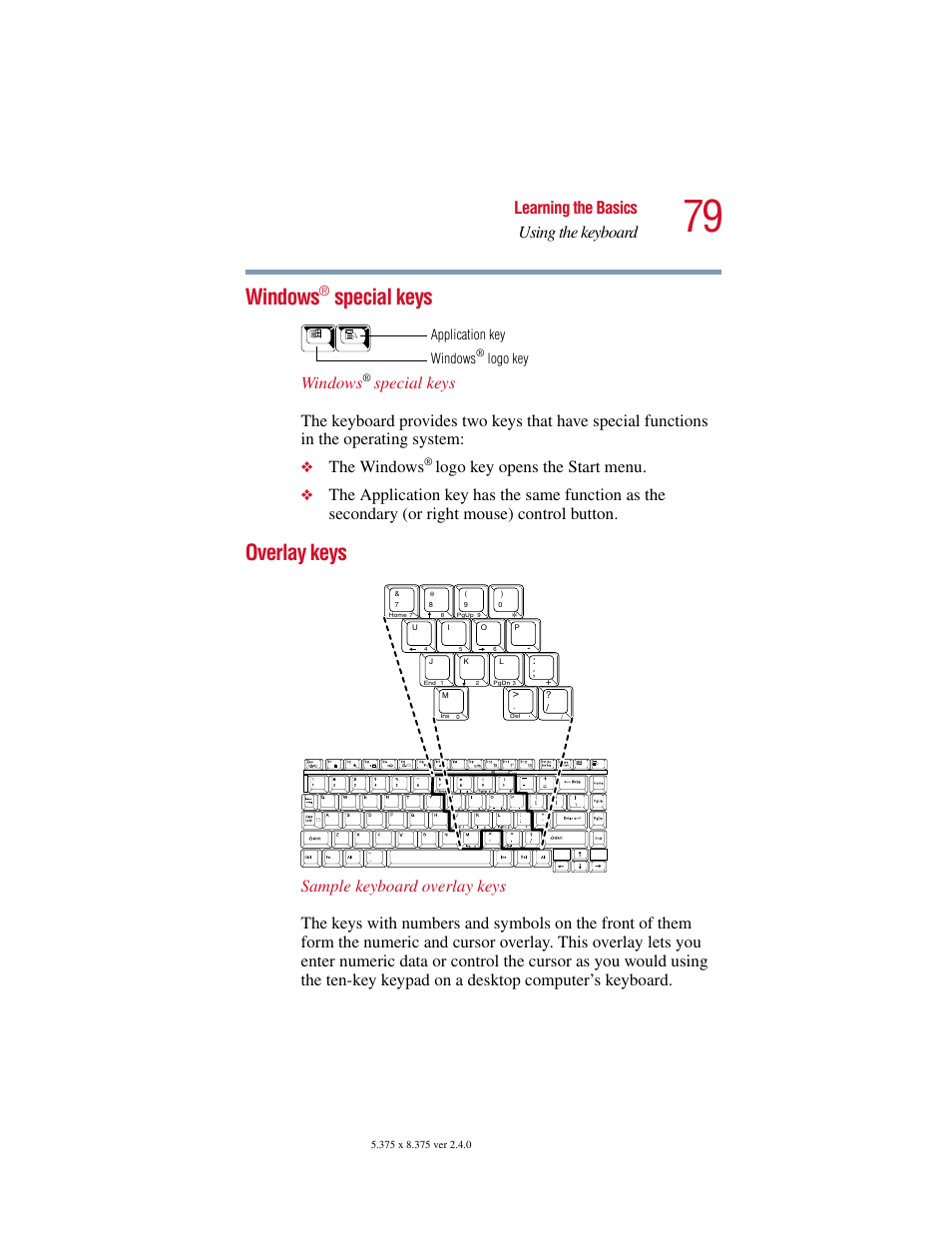 Windows® special keys, Overlay keys, Windows | Special keys, Learning the basics using the keyboard, The windows, Logo key opens the start menu, Logo key application key | Toshiba 2400 User Manual | Page 79 / 300