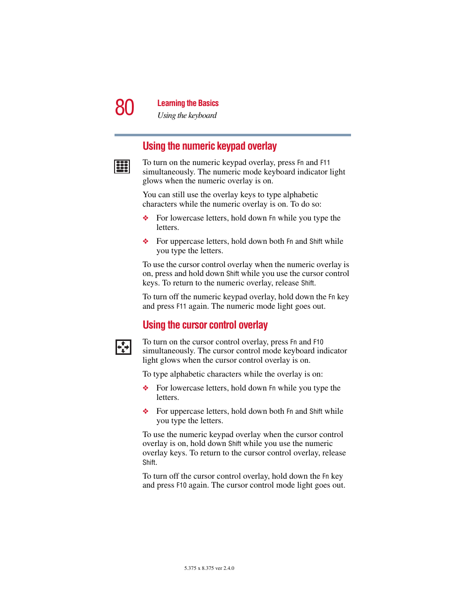 Using the numeric keypad overlay, Using the cursor control overlay | Toshiba 2400 User Manual | Page 80 / 300