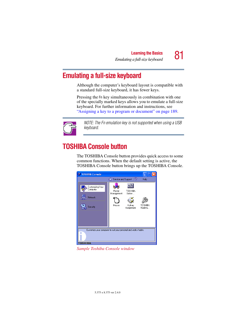 Emulating a full-size keyboard, Toshiba console button | Toshiba 2400 User Manual | Page 81 / 300