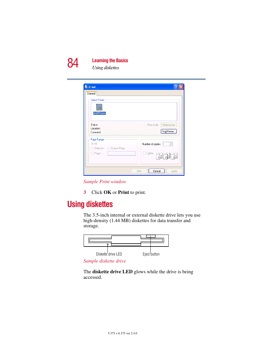 Using diskettes | Toshiba 2400 User Manual | Page 84 / 300