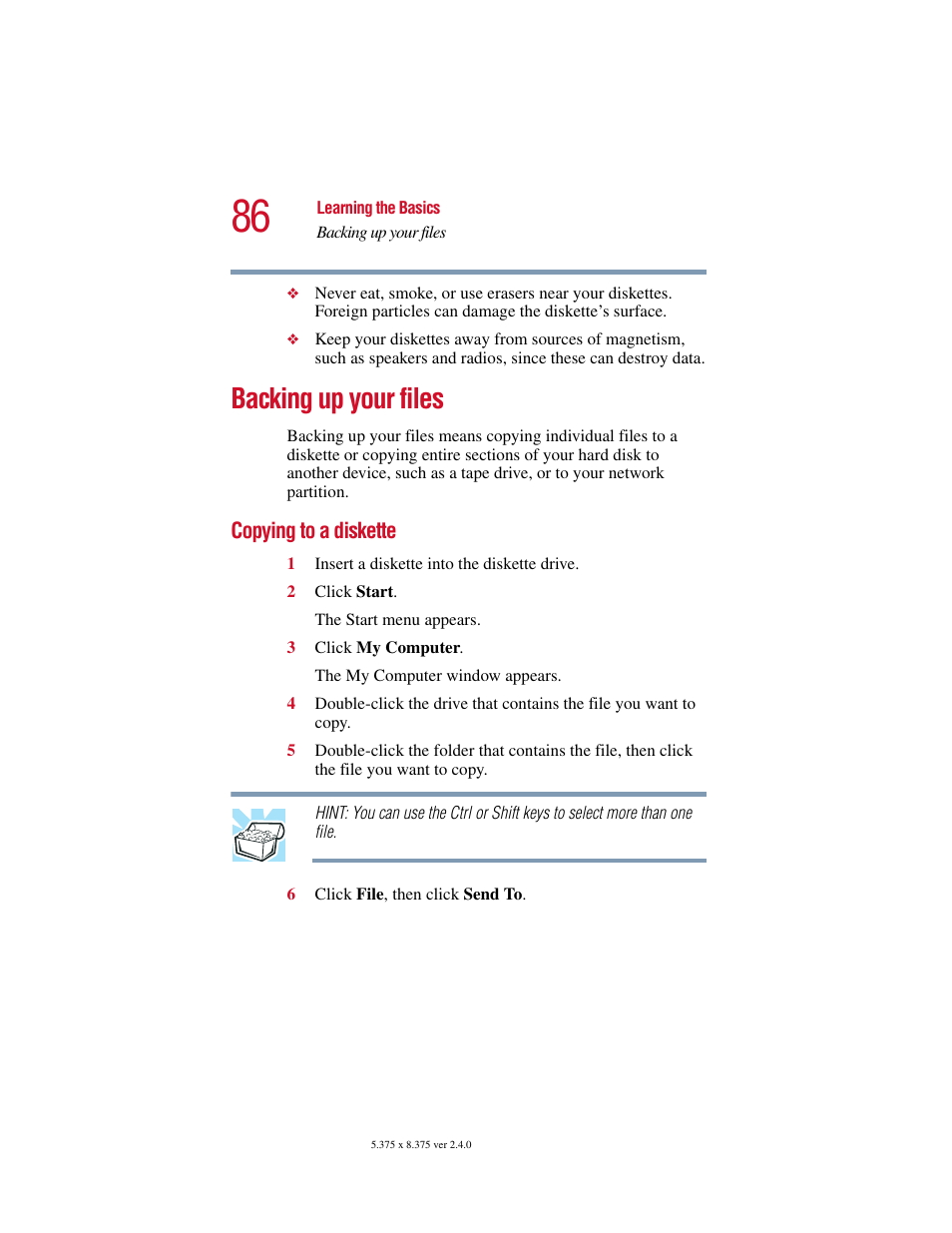 Backing up your files, Copying to a diskette | Toshiba 2400 User Manual | Page 86 / 300