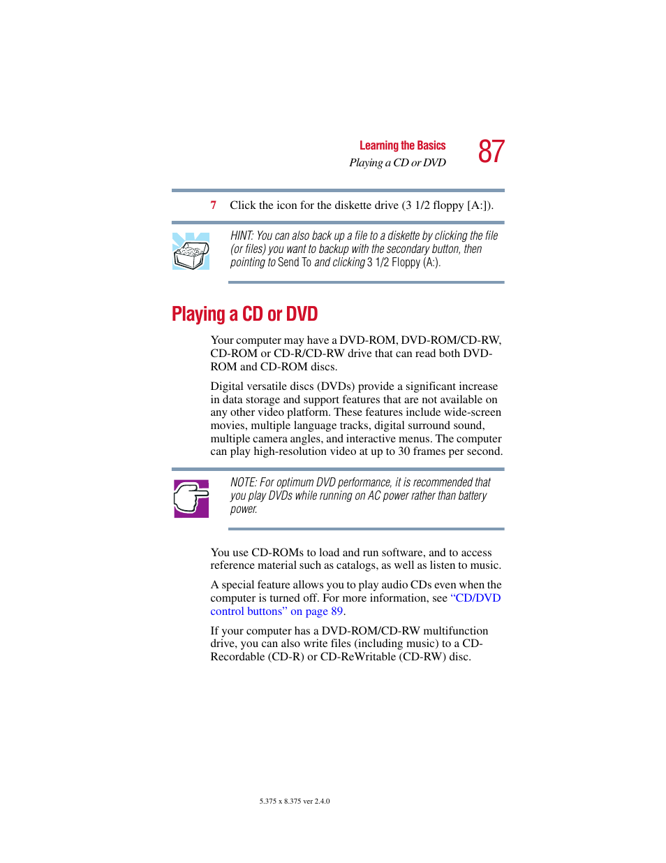 Playing a cd or dvd | Toshiba 2400 User Manual | Page 87 / 300