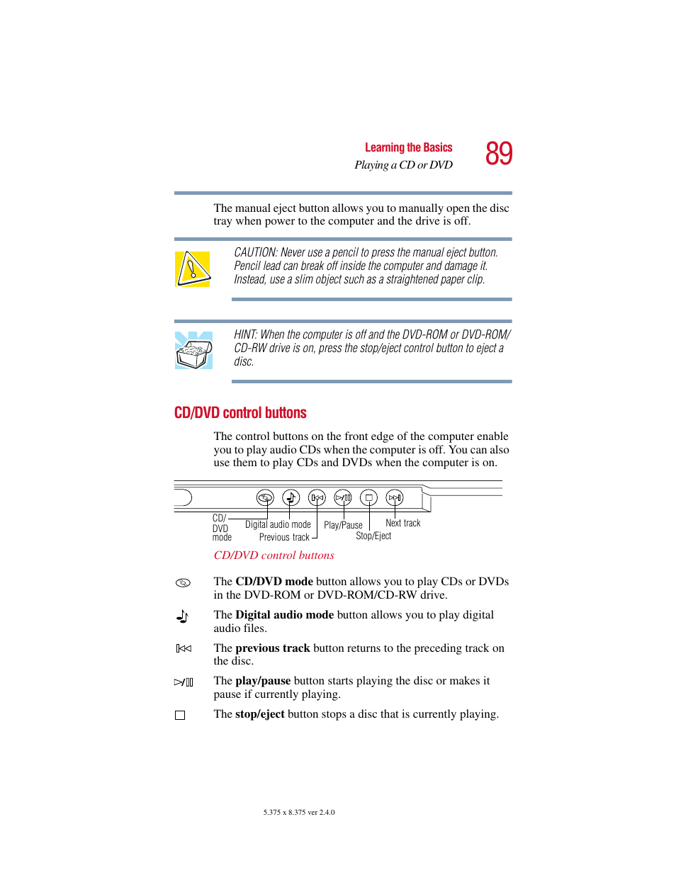 Cd/dvd control buttons | Toshiba 2400 User Manual | Page 89 / 300