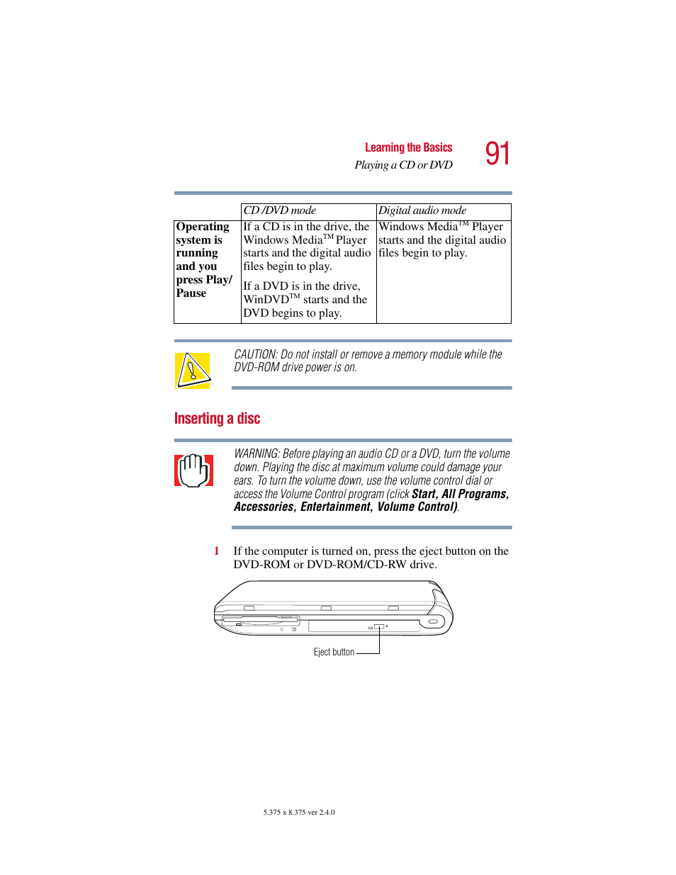 Inserting a disc | Toshiba 2400 User Manual | Page 91 / 300