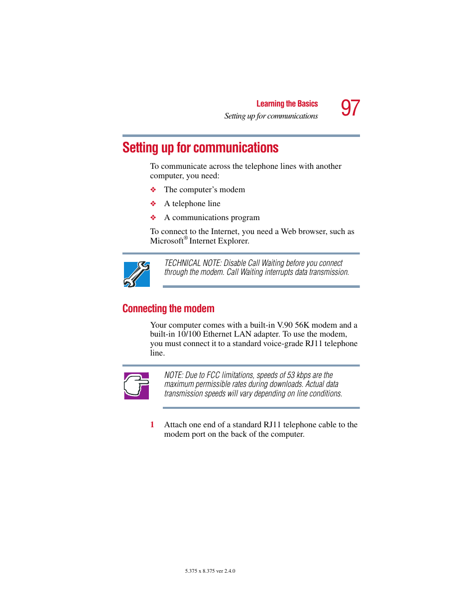 Setting up for communications, Connecting the modem | Toshiba 2400 User Manual | Page 97 / 300