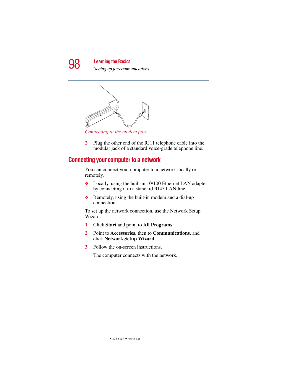 Connecting your computer to a network | Toshiba 2400 User Manual | Page 98 / 300