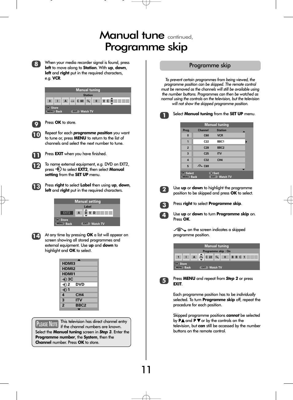 Manual tune, Programme skip, Continued | Lease | Toshiba WL68 User Manual | Page 11 / 28