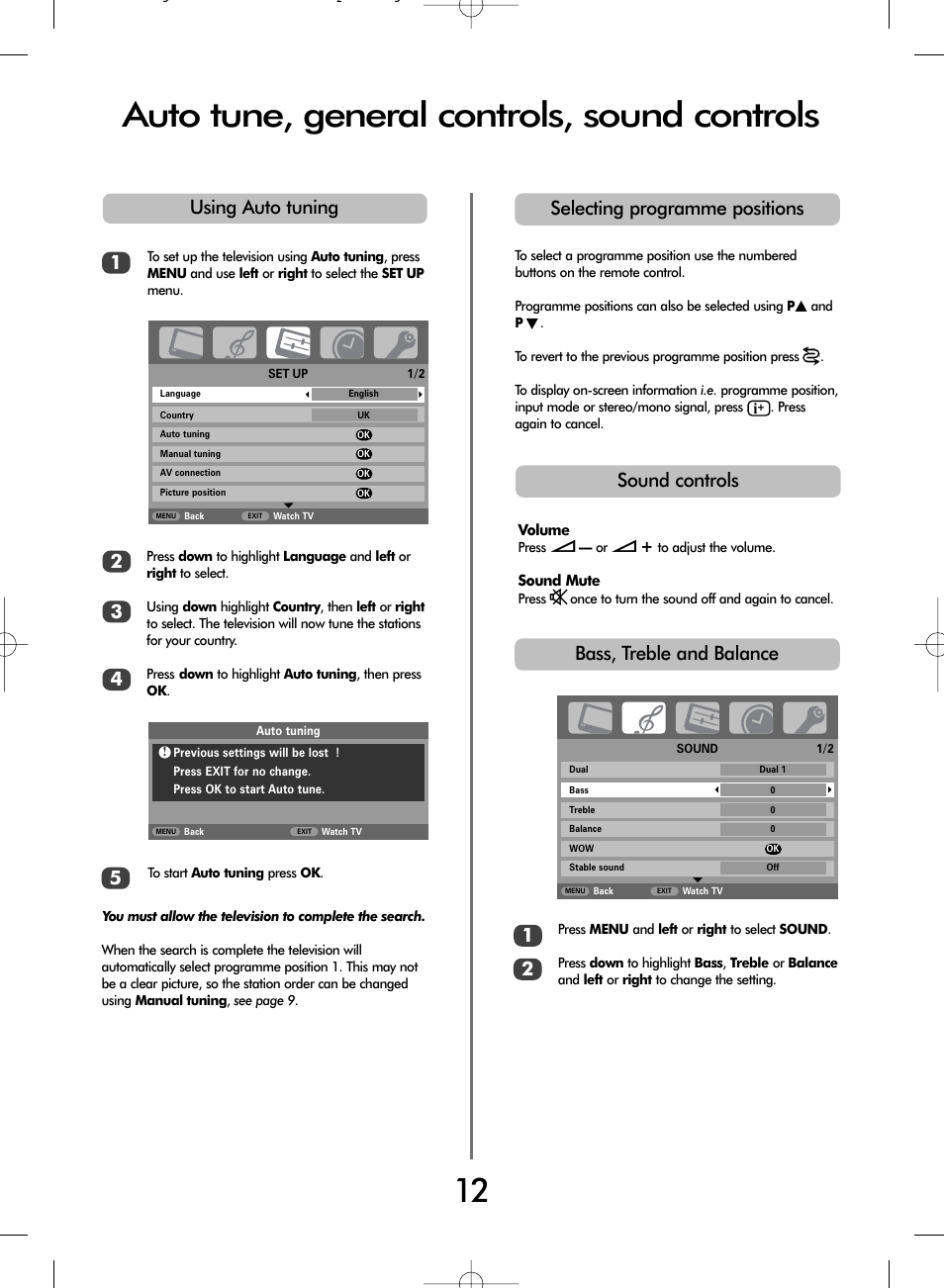 Auto tune, general controls, sound controls, Using auto tuning 1 2 3 4, Selecting programme positions sound controls | Bass, treble and balance 1 2 | Toshiba WL68 User Manual | Page 12 / 28