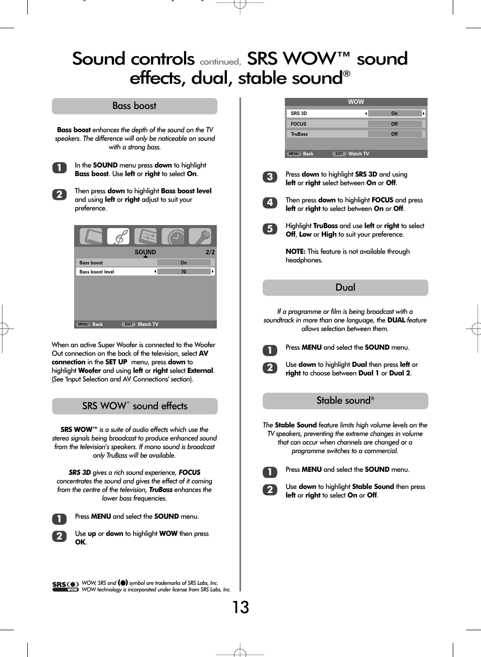 Sound controls, Srs wow™ sound effects, dual, stable sound, Srs wow | Sound effects, Stable sound, Dual, Bass boost | Toshiba WL68 User Manual | Page 13 / 28
