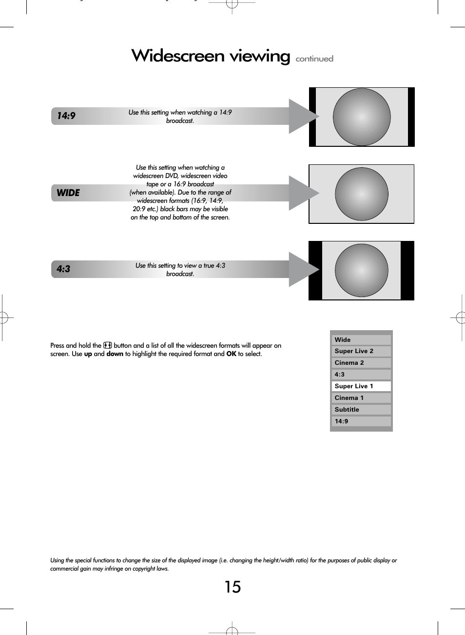 Widescreen viewing | Toshiba WL68 User Manual | Page 15 / 28