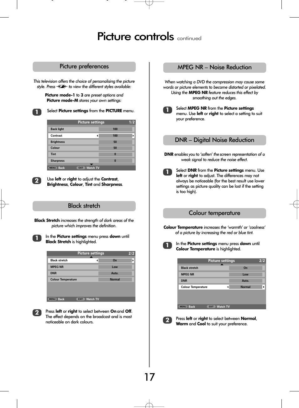 Picture controls, Dnr – digital noise reduction, Mpeg nr – noise reduction | Black stretch, Picture preferences 2, Colour temperature, Continued | Toshiba WL68 User Manual | Page 17 / 28