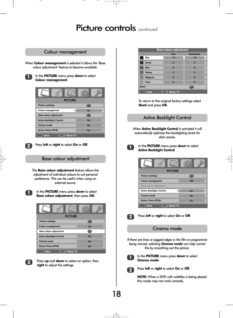 Picture controls, Cinema mode, Base colour adjustment | Colour management, Active backlight control, Continued | Toshiba WL68 User Manual | Page 18 / 28