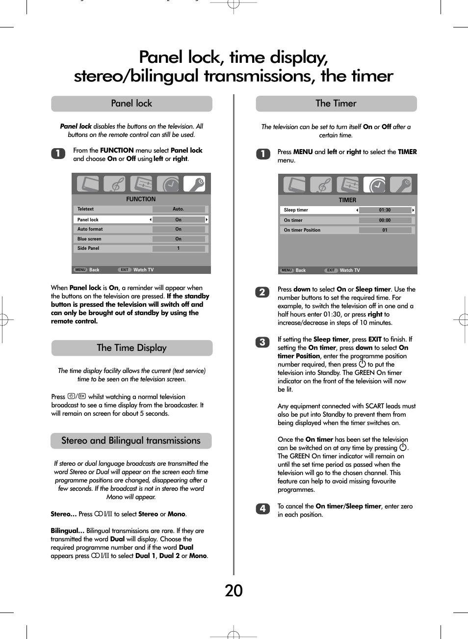 Panel lock 1, The timer 2 3 4 1, Stereo and bilingual transmissions | The time display | Toshiba WL68 User Manual | Page 20 / 28