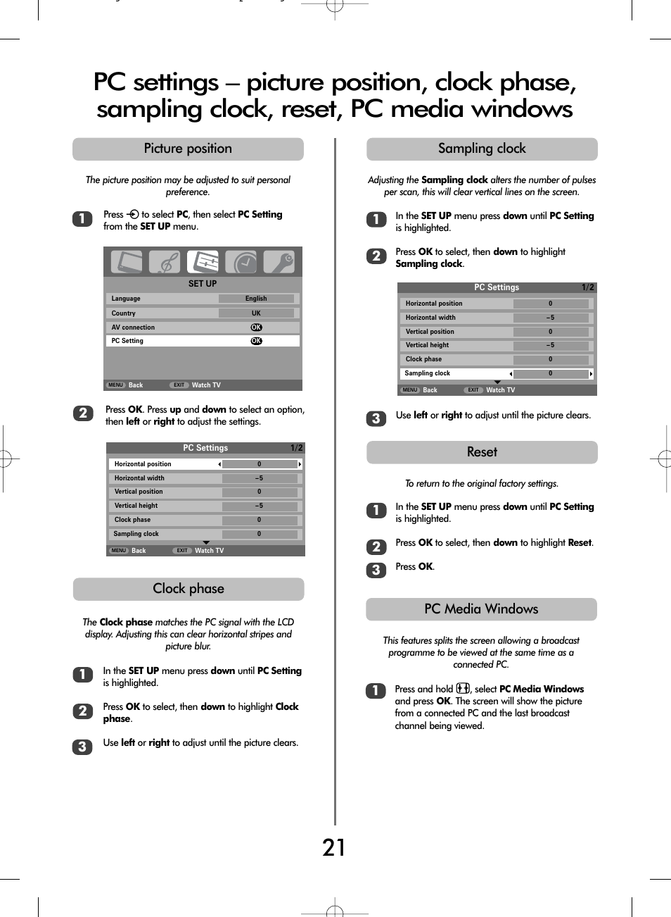 Clock phase, Sampling clock picture position, Reset | Pc media windows | Toshiba WL68 User Manual | Page 21 / 28