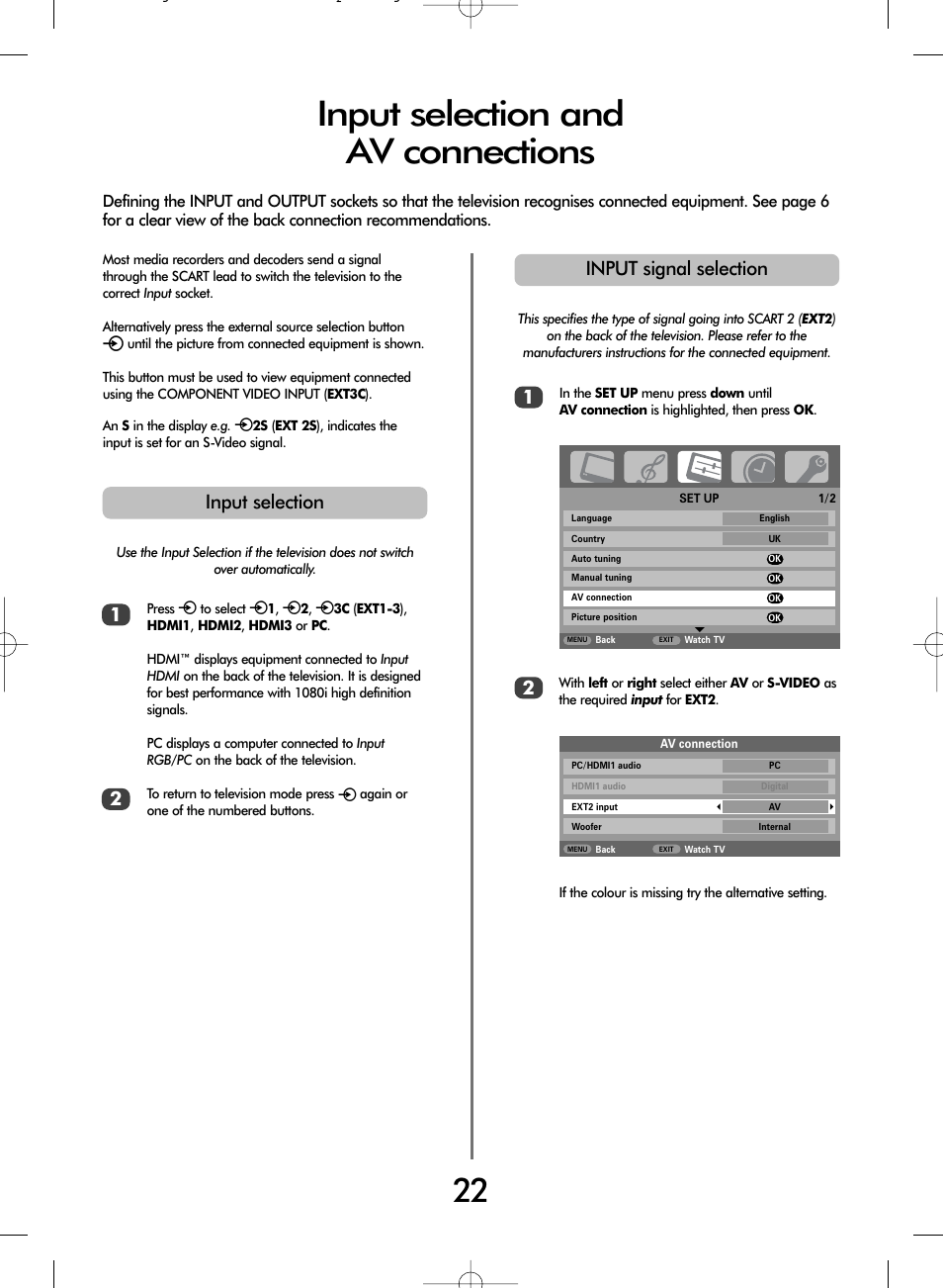 Input selection and av connections, Input selection 1 2, Input signal selection 1 2 | Toshiba WL68 User Manual | Page 22 / 28