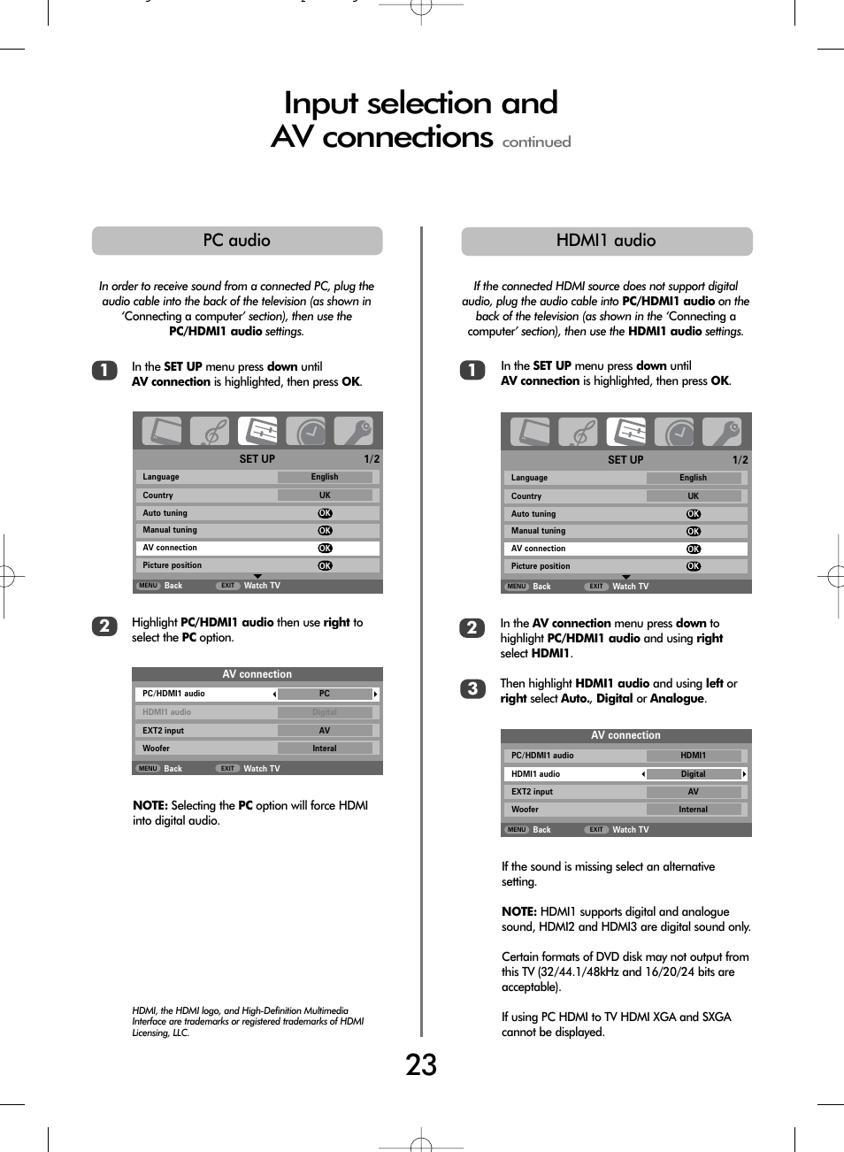 Input selection and av connections, Hdmi audio, Hdmi1 audio | Pc audio, Continued | Toshiba WL68 User Manual | Page 23 / 28