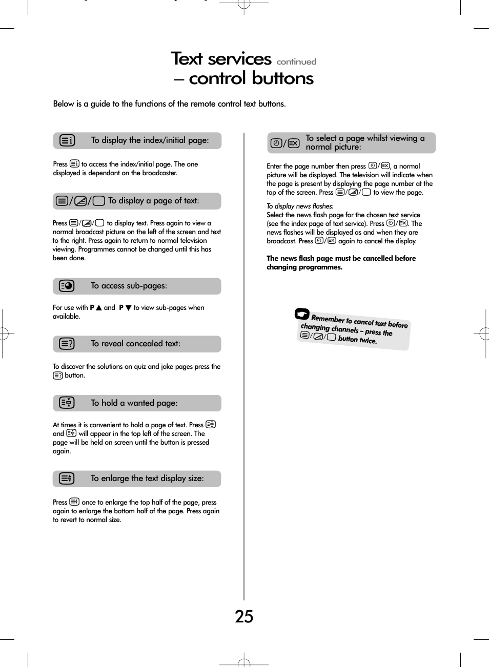 Text services, Control buttons | Toshiba WL68 User Manual | Page 25 / 28