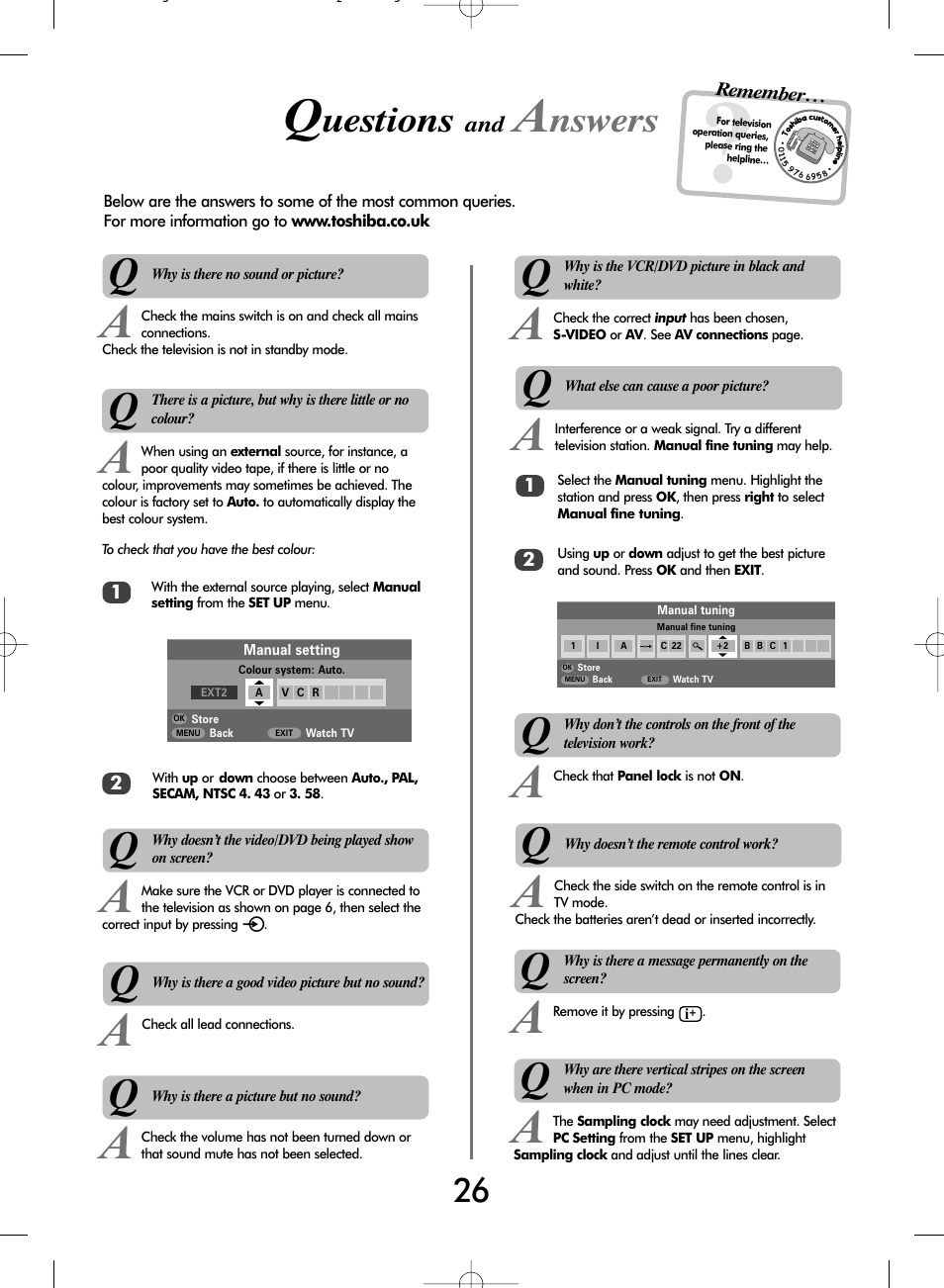 Uestions, Nswers | Toshiba WL68 User Manual | Page 26 / 28