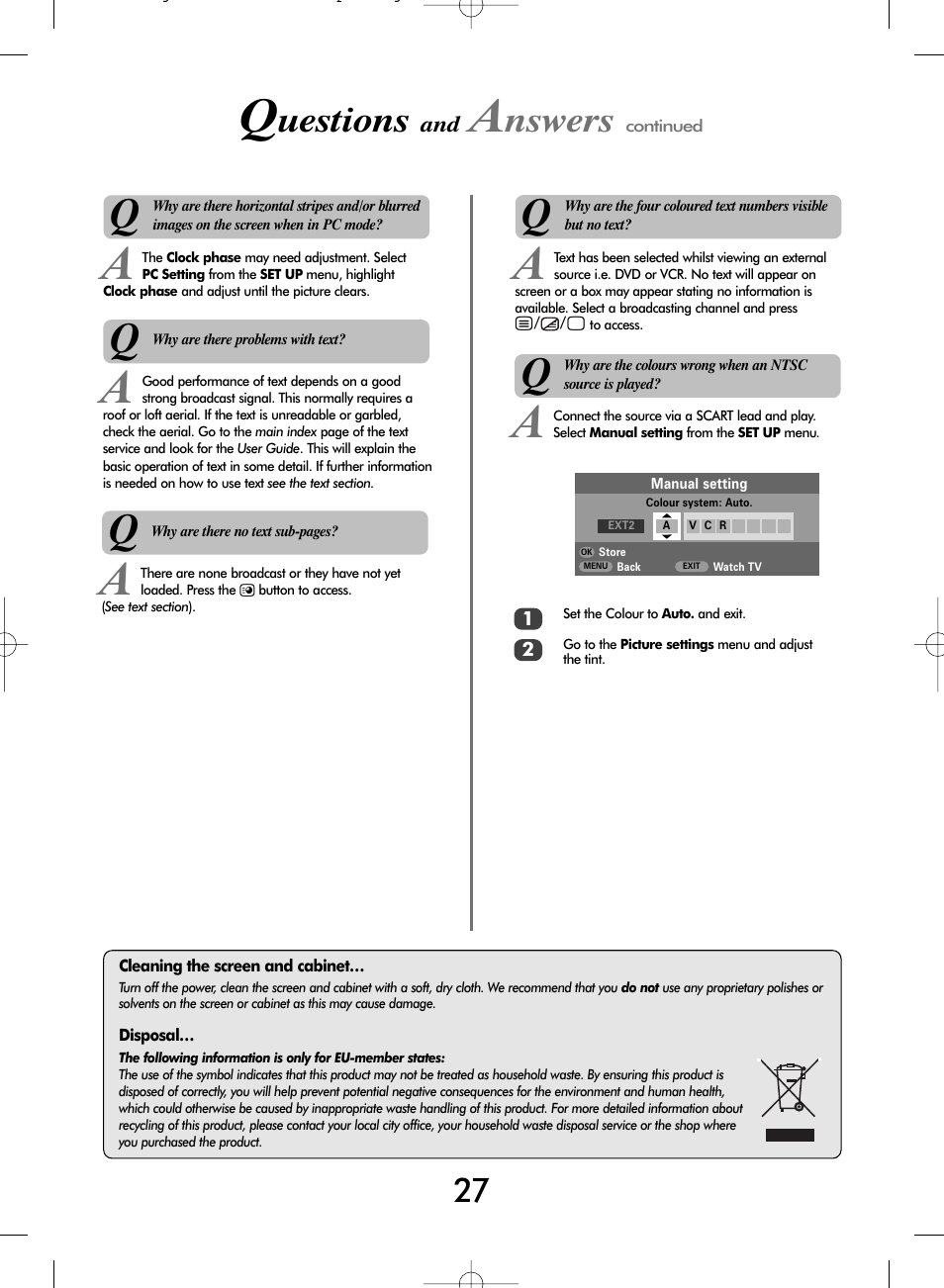 Uestions, Nswers | Toshiba WL68 User Manual | Page 27 / 28