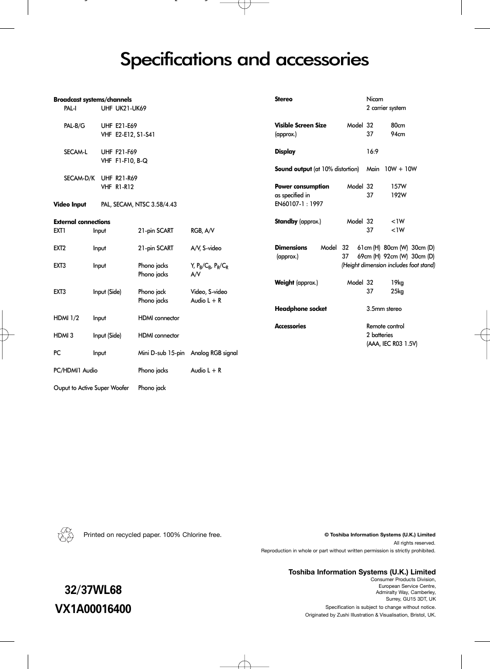 Specifications and accessories | Toshiba WL68 User Manual | Page 28 / 28