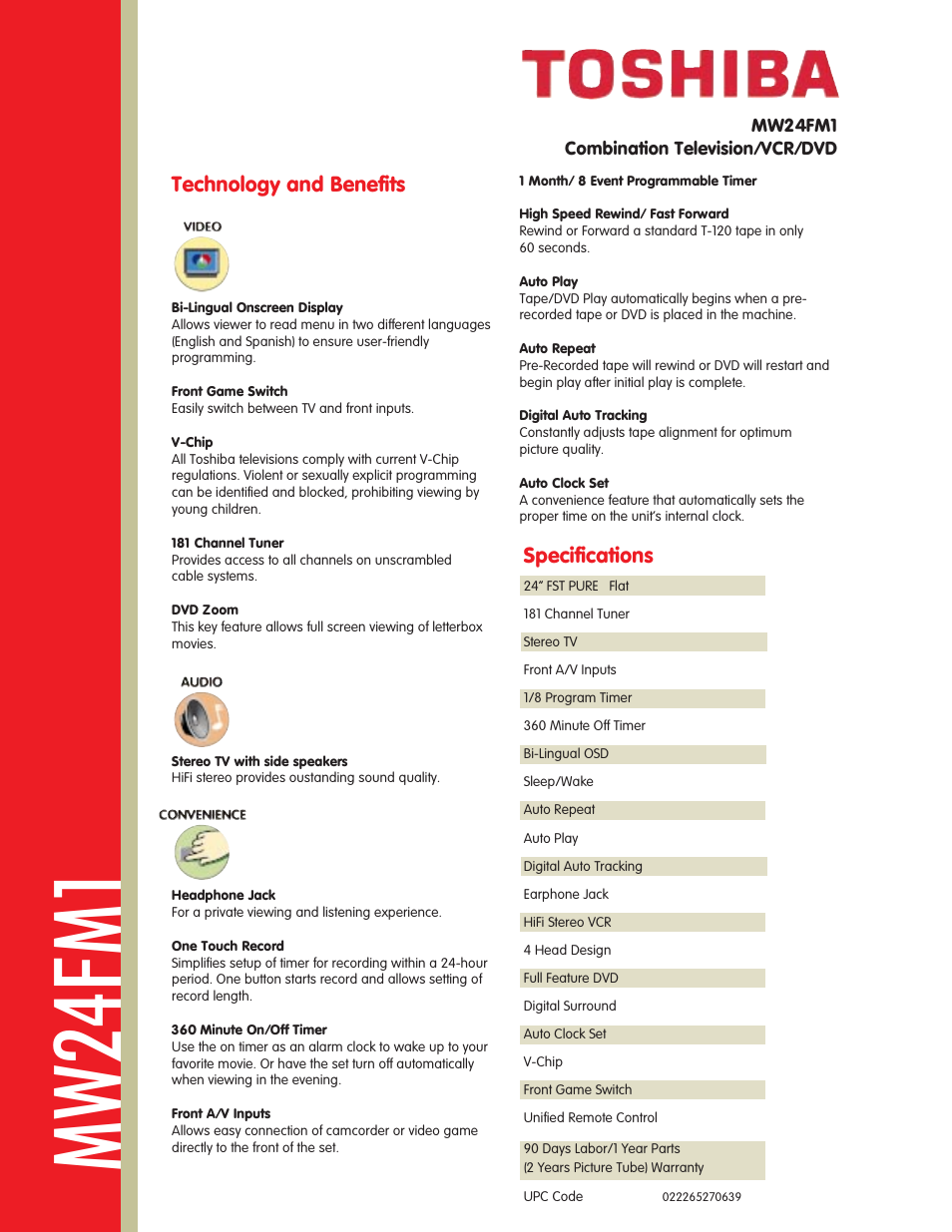 Mw24fm1, Technology and benefits, Specifications | Toshiba MW24FM1 User Manual | Page 2 / 2