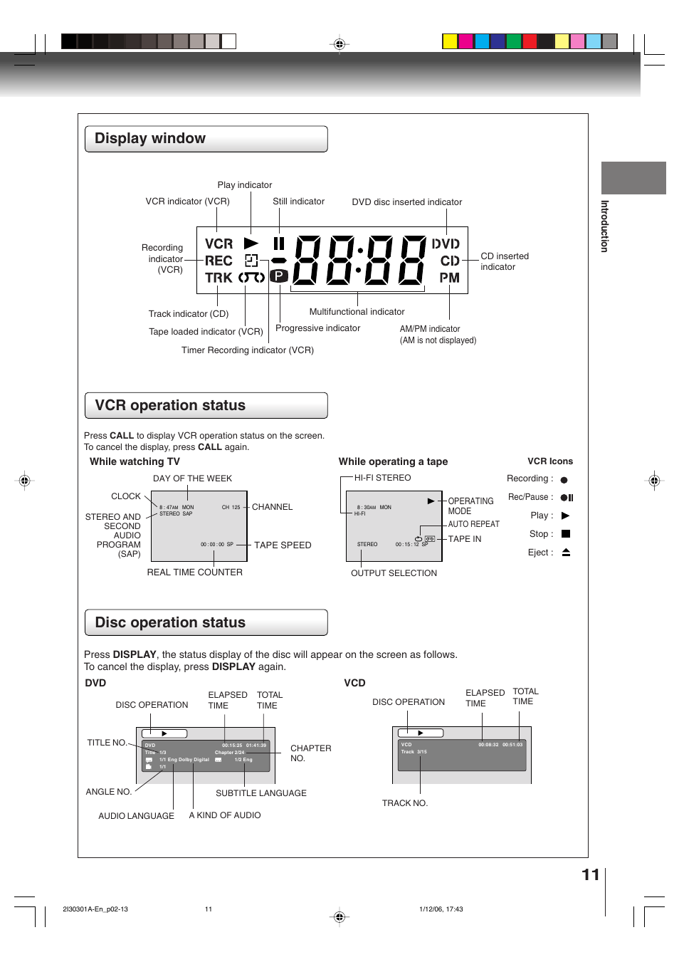 Vcr operation status, Disc operation status, Display window | Toshiba HI-FI SQPB User Manual | Page 11 / 68