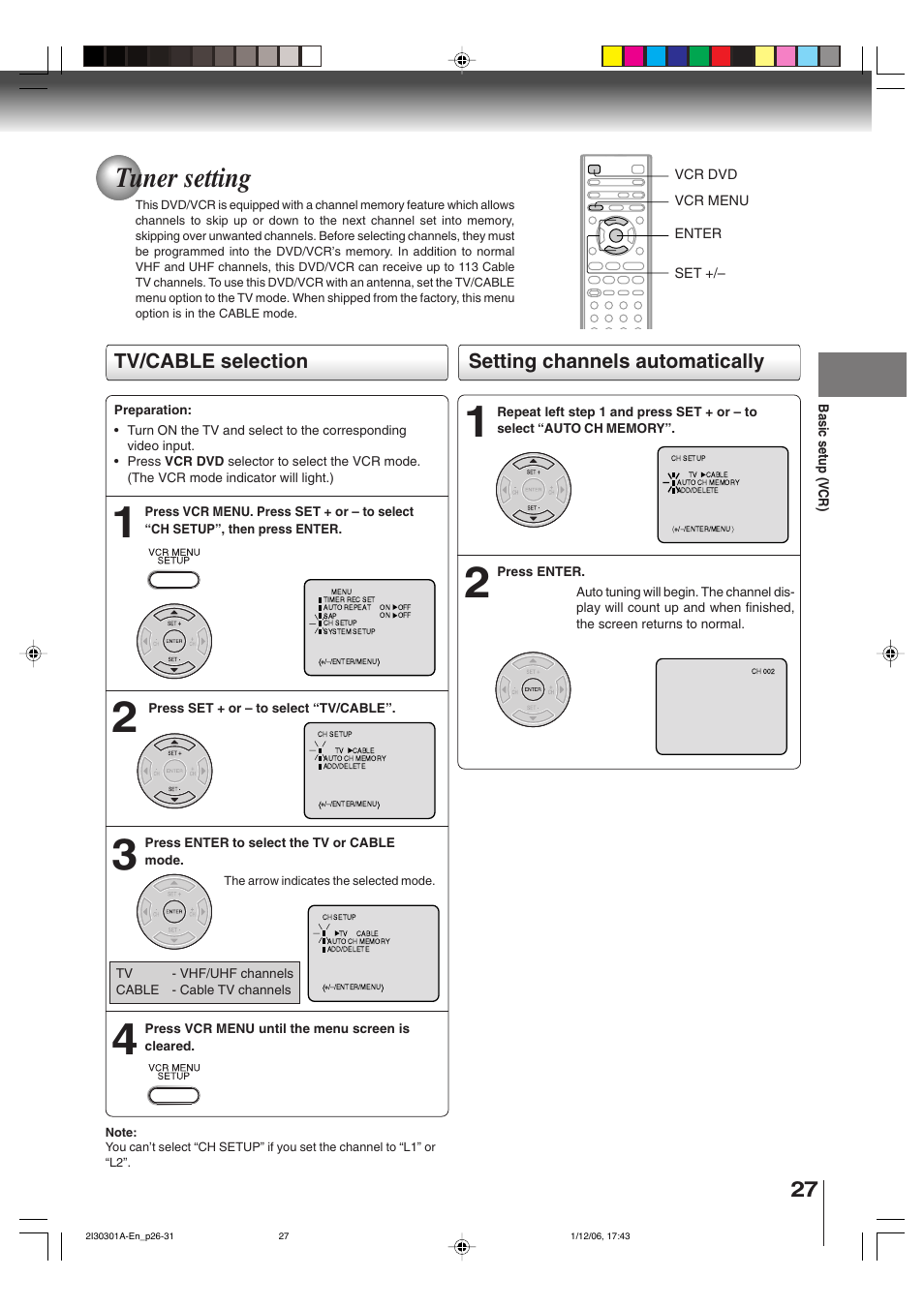 Tuner setting, Tv/cable selection setting channels automatically | Toshiba HI-FI SQPB User Manual | Page 27 / 68