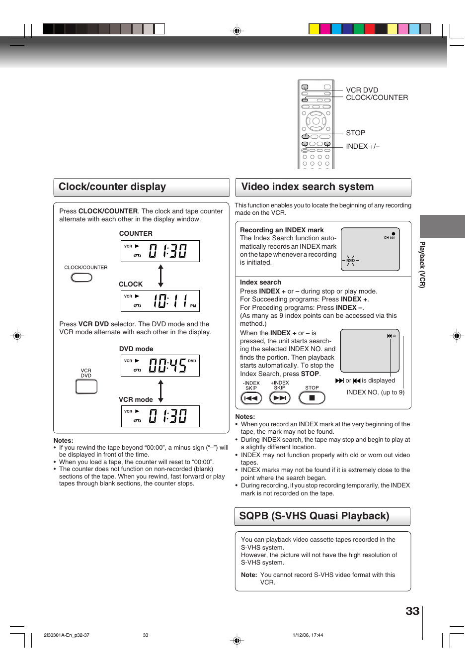 Sqpb (s-vhs quasi playback), Video index search system, Clock/counter display | Toshiba HI-FI SQPB User Manual | Page 33 / 68