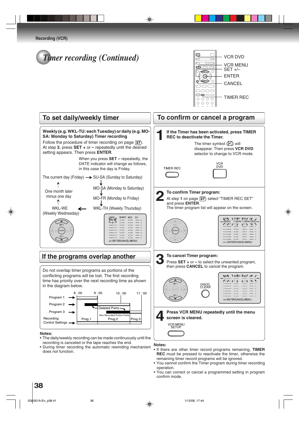 Timer recording (continued), Setting procedure to set daily/weekly timer, If the programs overlap another | Toshiba HI-FI SQPB User Manual | Page 38 / 68