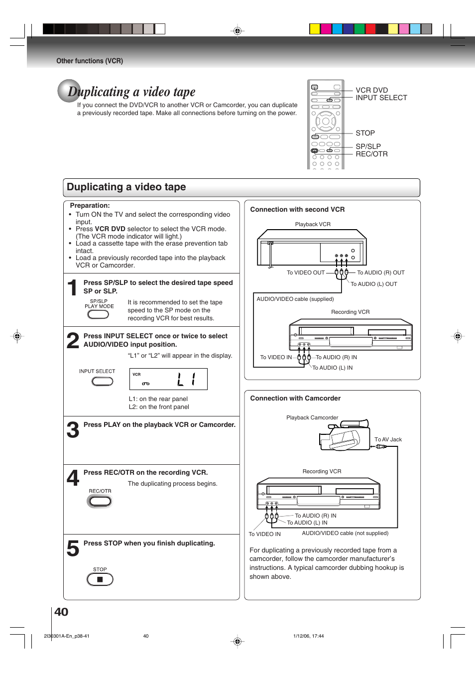 Duplicating a video tape | Toshiba HI-FI SQPB User Manual | Page 40 / 68
