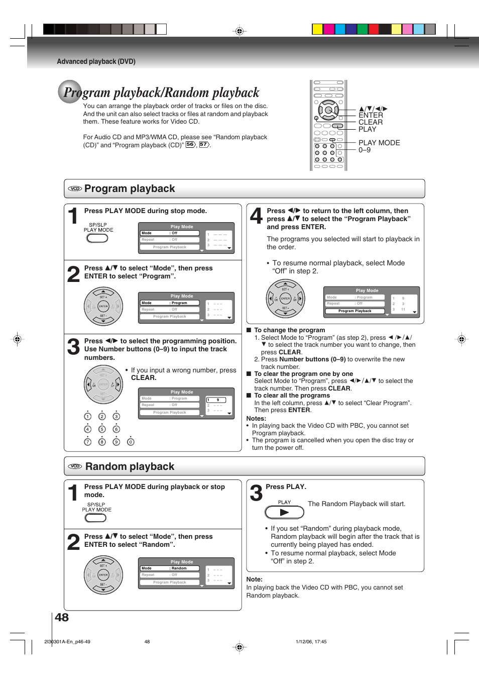 Program playback/random playback, Program playback, Random playback | Toshiba HI-FI SQPB User Manual | Page 48 / 68