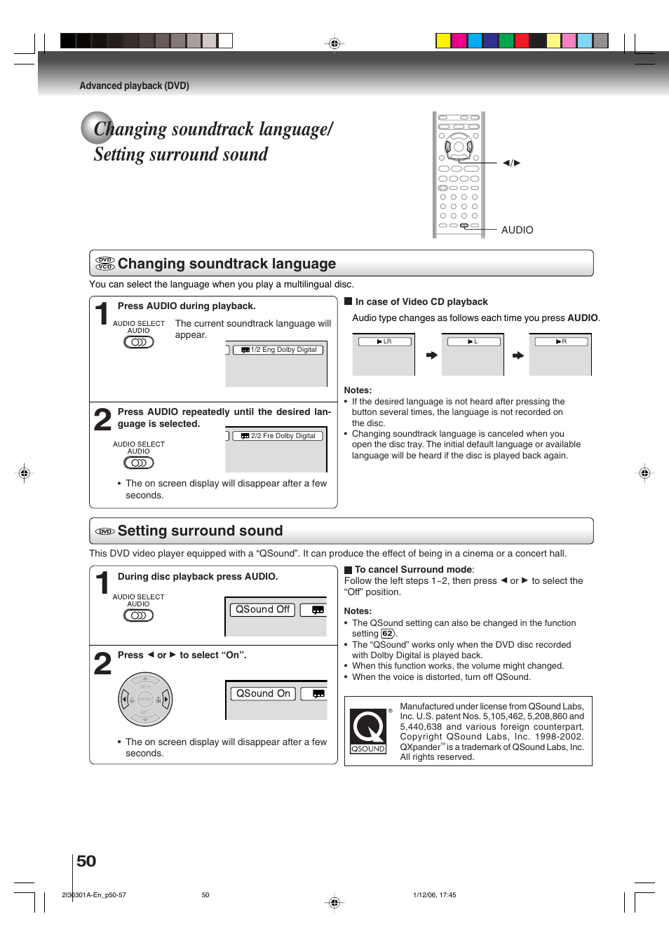 Changing soundtrack language, Setting surround sound | Toshiba HI-FI SQPB User Manual | Page 50 / 68