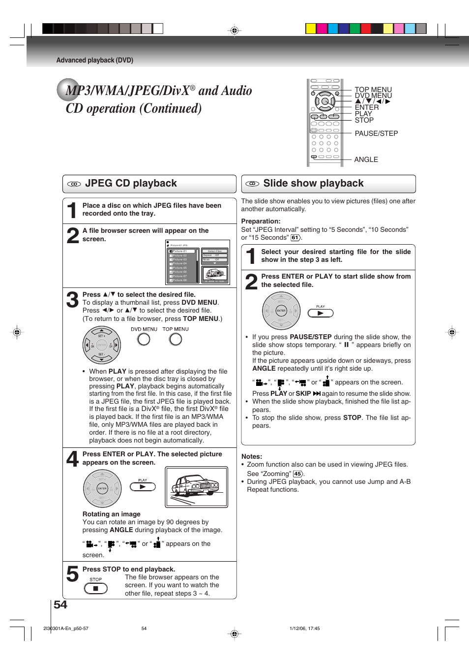 Mp3/wma/jpeg/divx, And audio cd operation (continued), Jpeg cd playback | Slide show playback | Toshiba HI-FI SQPB User Manual | Page 54 / 68