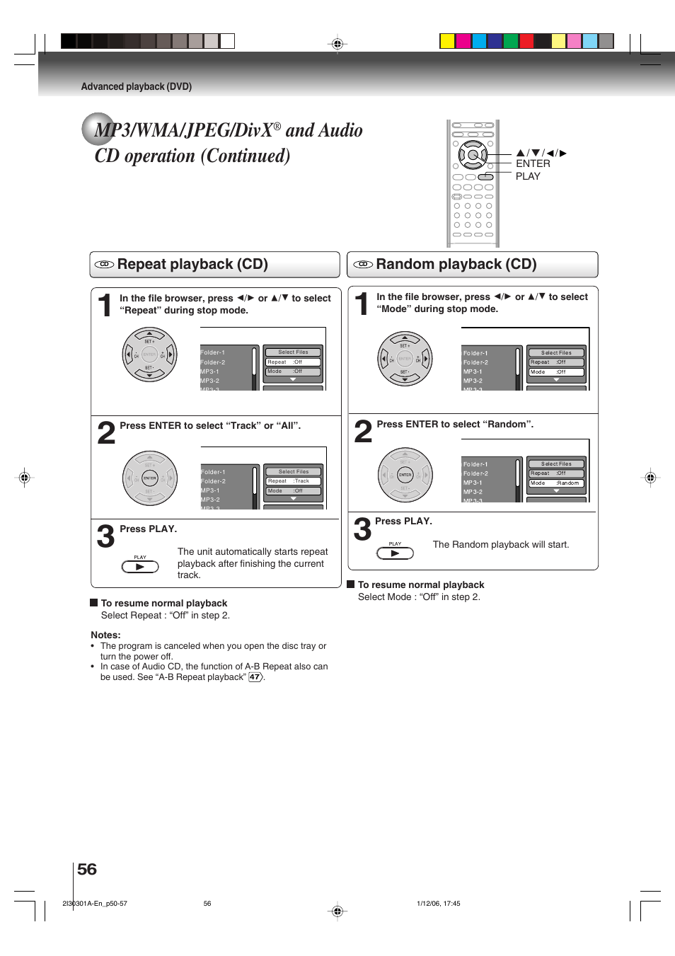 Mp3/wma/jpeg/divx, And audio cd operation (continued), Repeat playback (cd) | Random playback (cd) | Toshiba HI-FI SQPB User Manual | Page 56 / 68