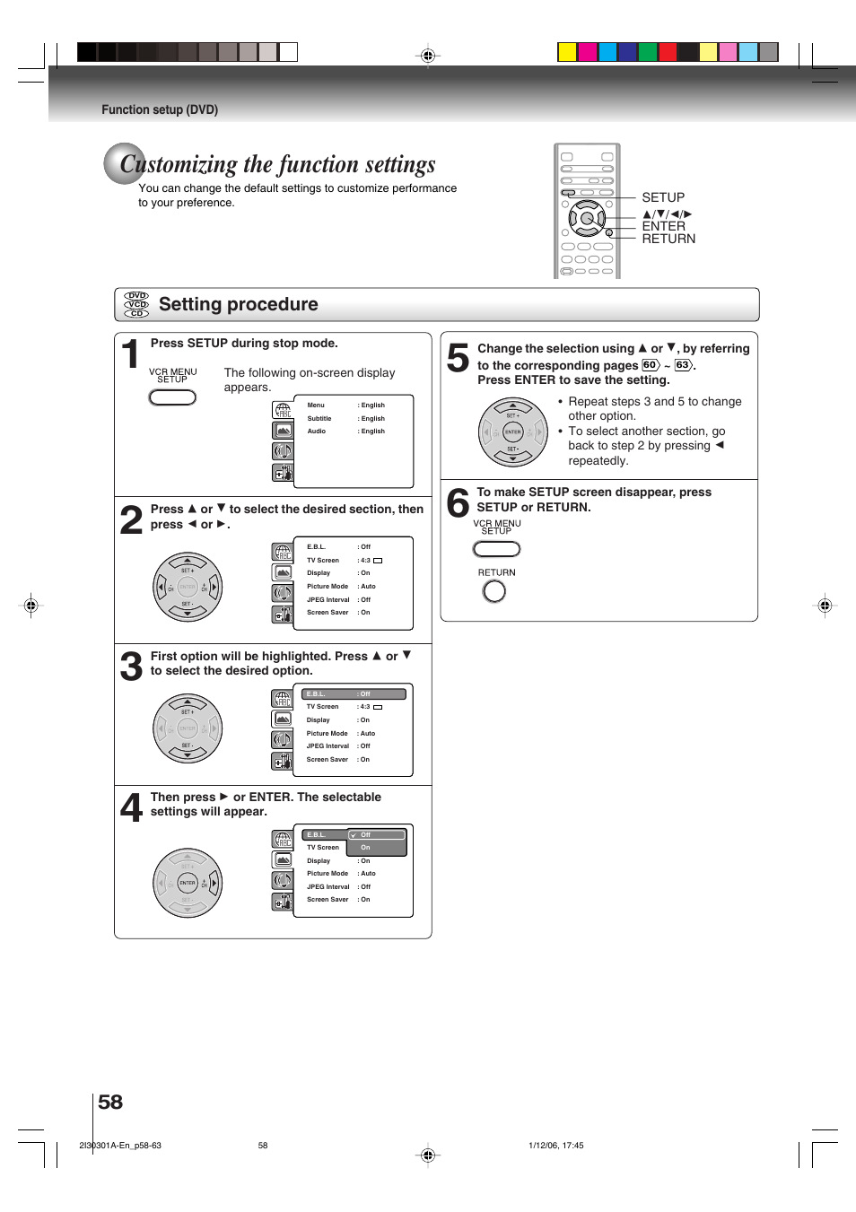 Customizing the function settings, Setting procedure, Function setup (dvd) | Enter, Setup, Return | Toshiba HI-FI SQPB User Manual | Page 58 / 68