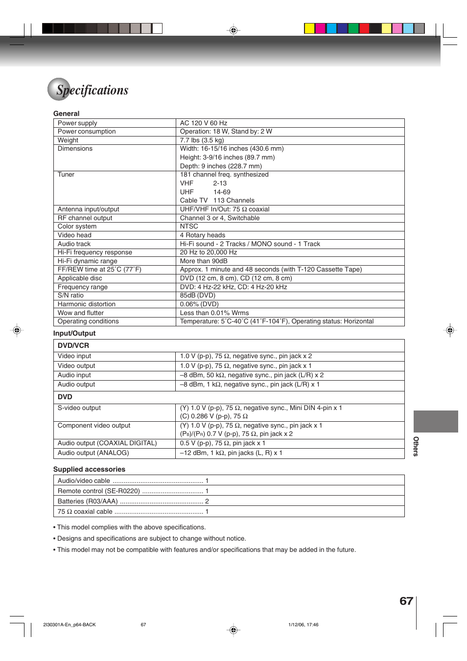 Specifications | Toshiba HI-FI SQPB User Manual | Page 67 / 68