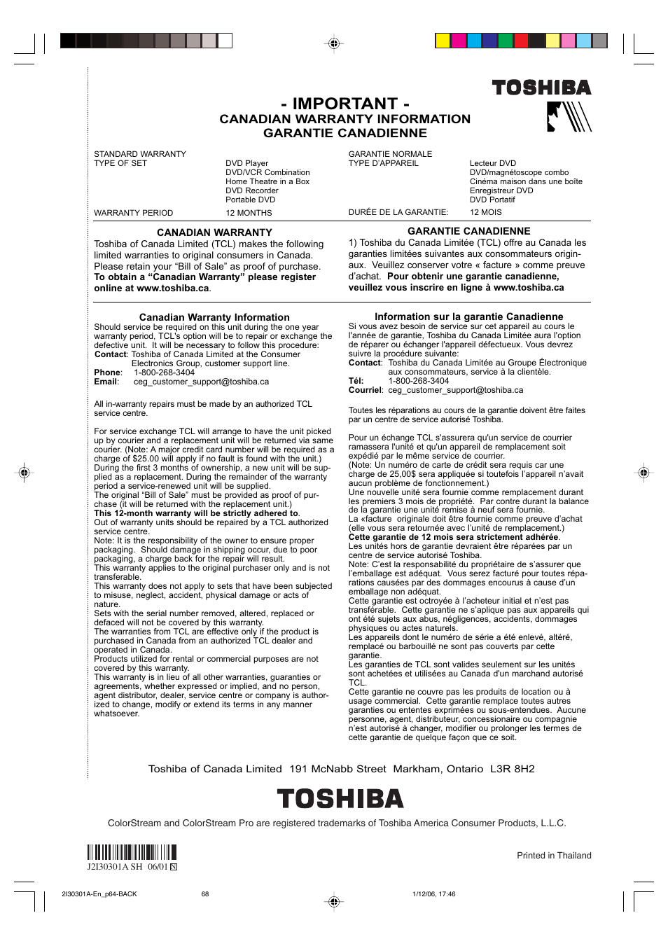 Important, Canadian warranty information garantie canadienne | Toshiba HI-FI SQPB User Manual | Page 68 / 68