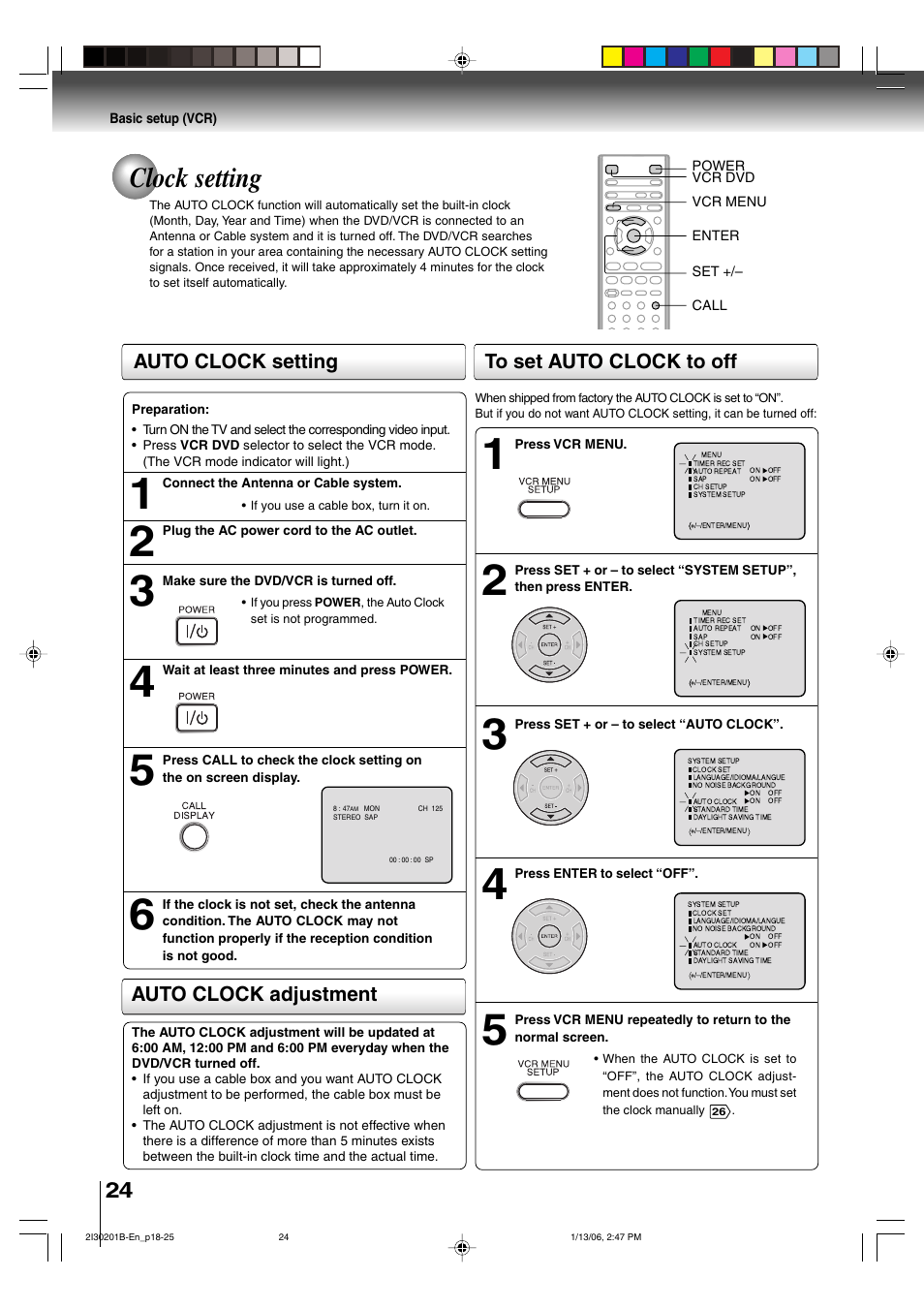 Clock setting, Auto clock setting, Auto clock adjustment to set auto clock to off | Toshiba SD-KV550SU User Manual | Page 24 / 72