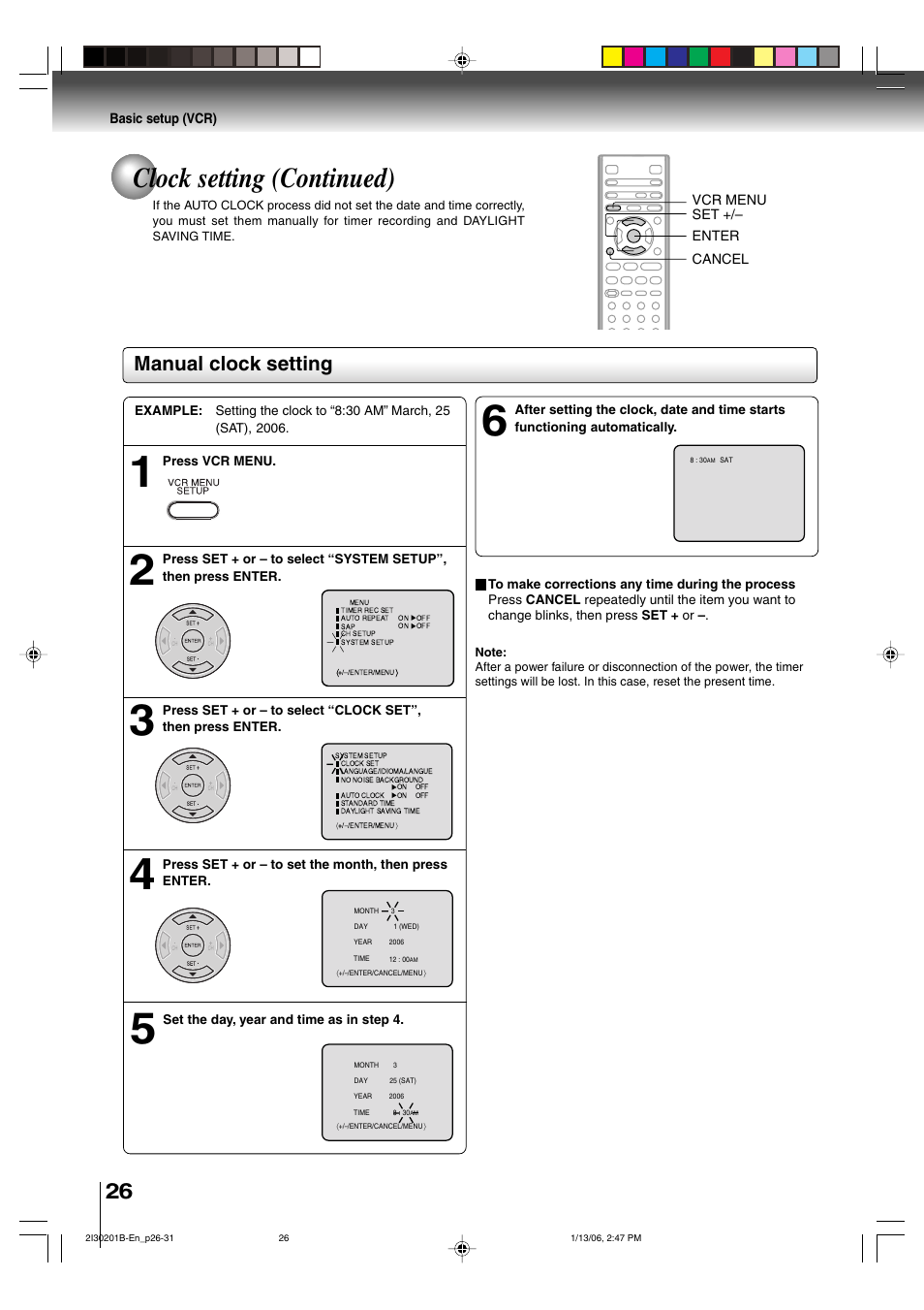 Clock setting (continued), Manual clock setting | Toshiba SD-KV550SU User Manual | Page 26 / 72