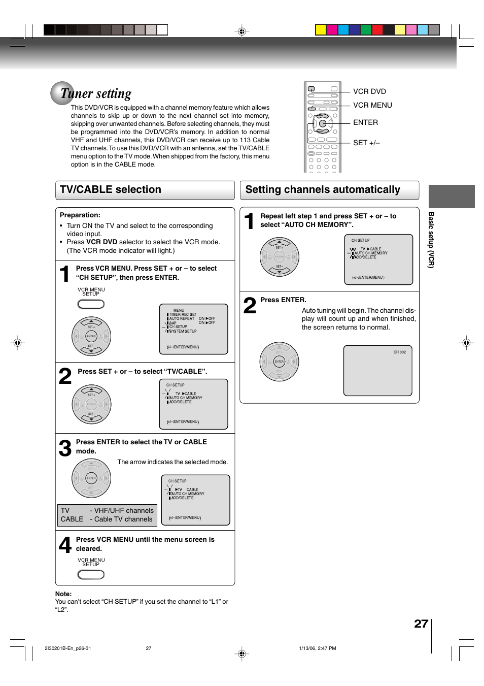 Tuner setting, Tv/cable selection setting channels automatically | Toshiba SD-KV550SU User Manual | Page 27 / 72