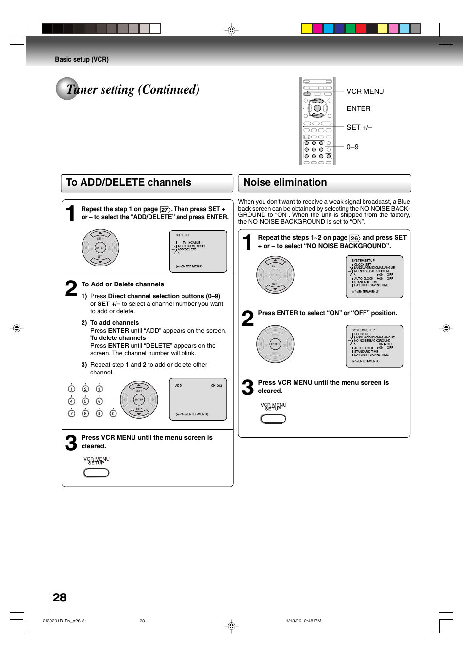 Tuner setting (continued), Noise elimination | Toshiba SD-KV550SU User Manual | Page 28 / 72