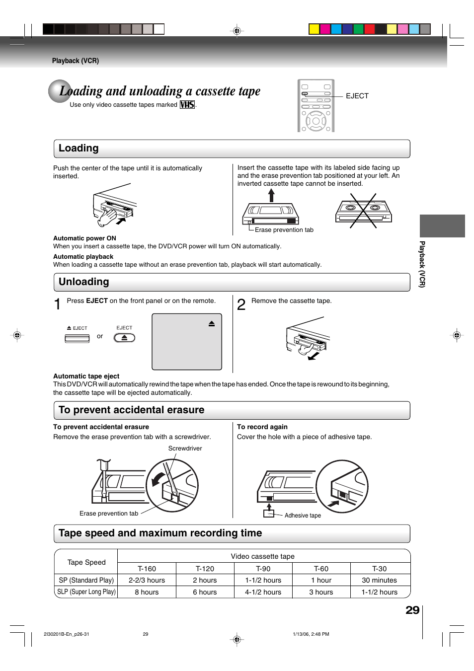 Loading and unloading a cassette tape, Loading, Unloading | Toshiba SD-KV550SU User Manual | Page 29 / 72